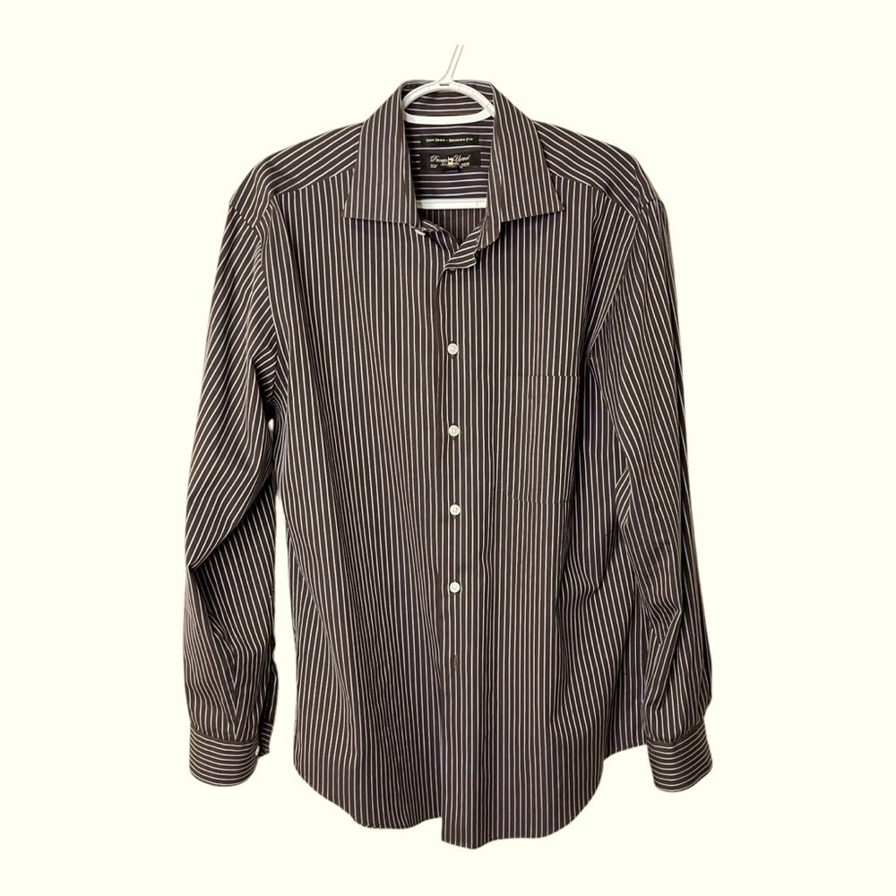 Pronto Uomo Non Iron Modern Fit Cotton Dress Shirt Brown with Blue Pinstripes